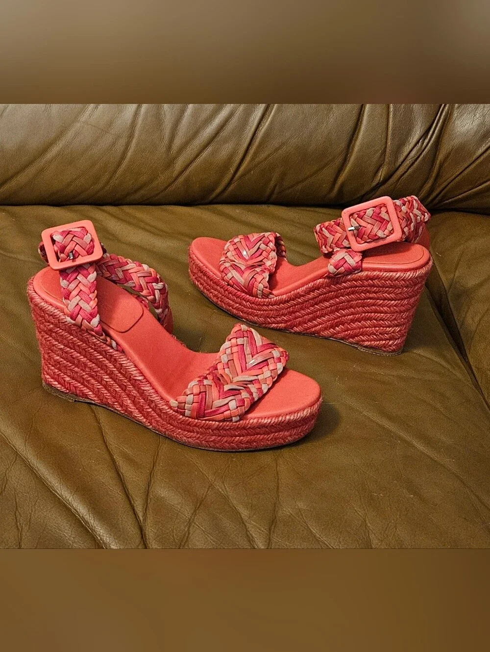 Hermes Coral Braided Espadrille Wedge Sandals Heels Size 5 US